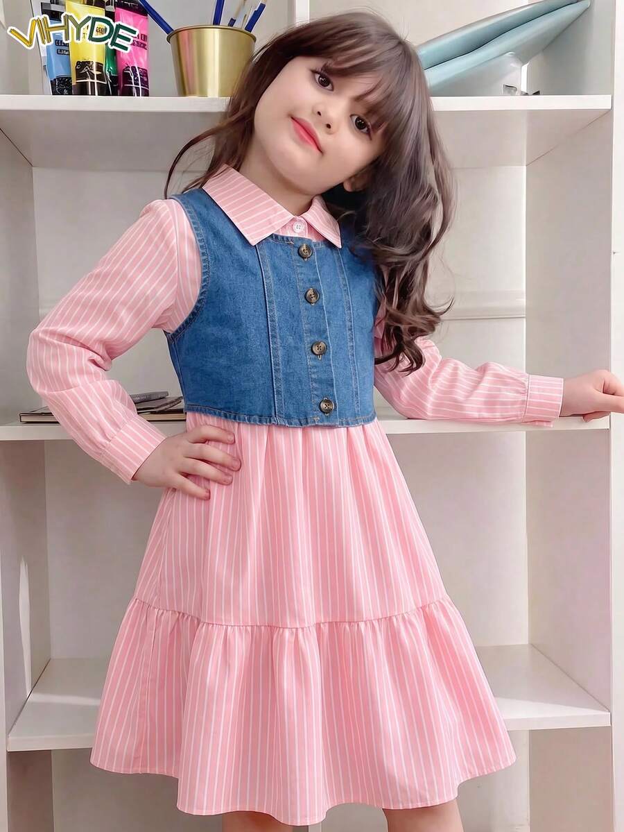 Vihyde 青少年女孩返校兩件套服裝,條紋長袖襯衫洋裝與牛仔背心秋冬套裝 - 粉色 - 查看 1