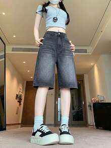 Quần short denim nữ cạp cao mặc nhà hàng ngày mùa hè, màu trơn, denim giặt wash vân râu mèo - Xám - Xem 8