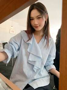 Elegant V-Neck Patchwork Ruffle Loose Fit Solid Color Bell Sleeve Blouse For Women - Baby Blue - View 8
