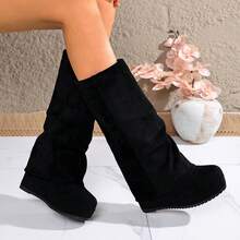 Women's Black Suede Tall Boots, Slip-On Straight Leg Wedge Heel Thick Sole Fashion Boots - Black - View 7