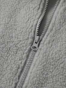 KyrLssu Women Teddy Fleece Cropped Jacket, Stand Collar Full Zip Sherpa Coat, Drop Shoulder Loose Fit With Ribbed Cuffs & Side Pockets, Warm Short Outerwear - Grey - View 6