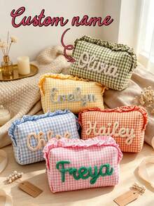 Personalized Plaid Makeup Bag, Customized Name Ruffle Edge Cosmetic Storage Bag, Preppy Style Toiletry Organizer, Gift For Her, Travel Essential - Multicolor - View 1