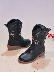 Kids Western Style Mid-Calf Boots With Star Embroidery, Perfect For Stage Shows, Party Gatherings And Weekend Trips - Black - View 2