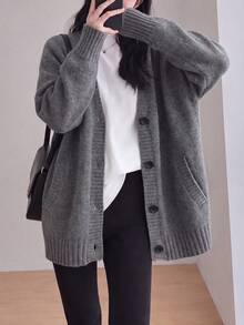 Women's Grey V-Neck Knit Cardigan Jacket, Long Sleeve, Button Detail, Warm Short Length, Suitable For Winter Wear - Grey - View 4