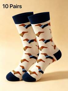 Cute Puppy Print Mid-Calf Socks, Creative Illustration Breathable Cotton Socks For Daily Casual Wear - Multicolor - View 4