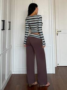 Women's Brown Elastic Striped 2 Pieces Set, Long Sleeve Cropped Top With Folded Waist Long Pants, Suitable For Daily Outings And Everyday Wear - Multicolor - View 11