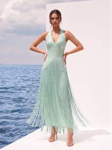FEELAIR Sexy Halter Neck Sleeveless Backless Heavy Rhinestone Tassel Maxi Dress, Suitable For Wedding, Holiday, Party, Women's Formal Evening - Mint Green - View 8