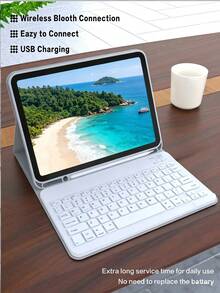 TenYide Bao da bảo vệ kèm bàn phím cho máy tính bảng, tương thích với các dòng iPad / GalaxyTab MatePad / HonorPad / XiaomiPad / RedmiPad / LenovoTab / LenovoXiaoxinTab / LenovoIdeaTab, hỗ trợ chức năng tự động ngủ/thức, kèm bàn phím Bluetooth không dây tháo rời, giá đỡ siêu mỏng nhẹ - Màu Xám nhạt - Xem 3