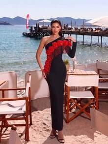 Elegant Black One-Shoulder Long Sleeve Dress, Decorated With Sexy 3D Red Roses And Beaded Tassels, Medium Stretch Knit Fabric, Suitable For Party Wear. - Black - View 7