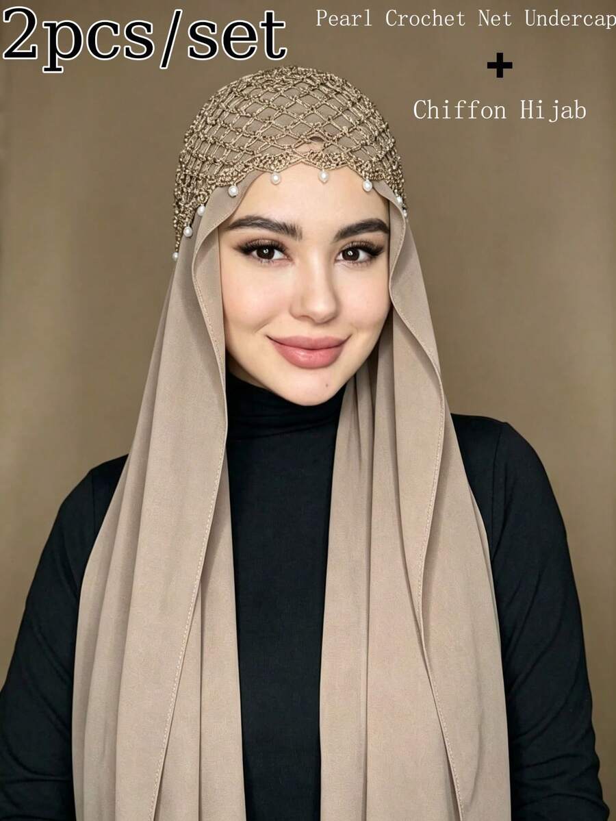 2pcs Muslim Hijab Set, 1pc Pearl Decorated Crochet Mesh Inner Cap + 1pc Chiffon Headscarf, Women's Islamic Headwear - Multicolor - View 1