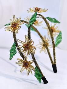 1Pc Elegant Beaded Flower Bride Headband Double Row Design Women Hair Hoop Suitable For Wedding Festive Party Hair Accessories - Gold - View 4