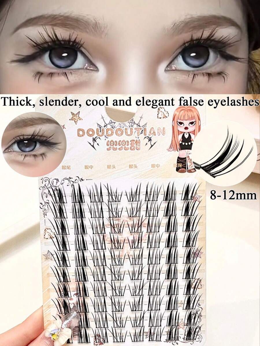 DOUDOUTIAN 48/80 Clusters Segmented Mermaid Winged False Lashes, Thick Slender Cold Elegant Look, 8-12mm Camera Ready Lashes For Shooting & Cosplay