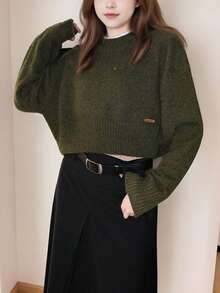 Alicedudu Women's Minimalist Chic Crew Neck Sweater, Autumn/Winter - Green Algae - View 3