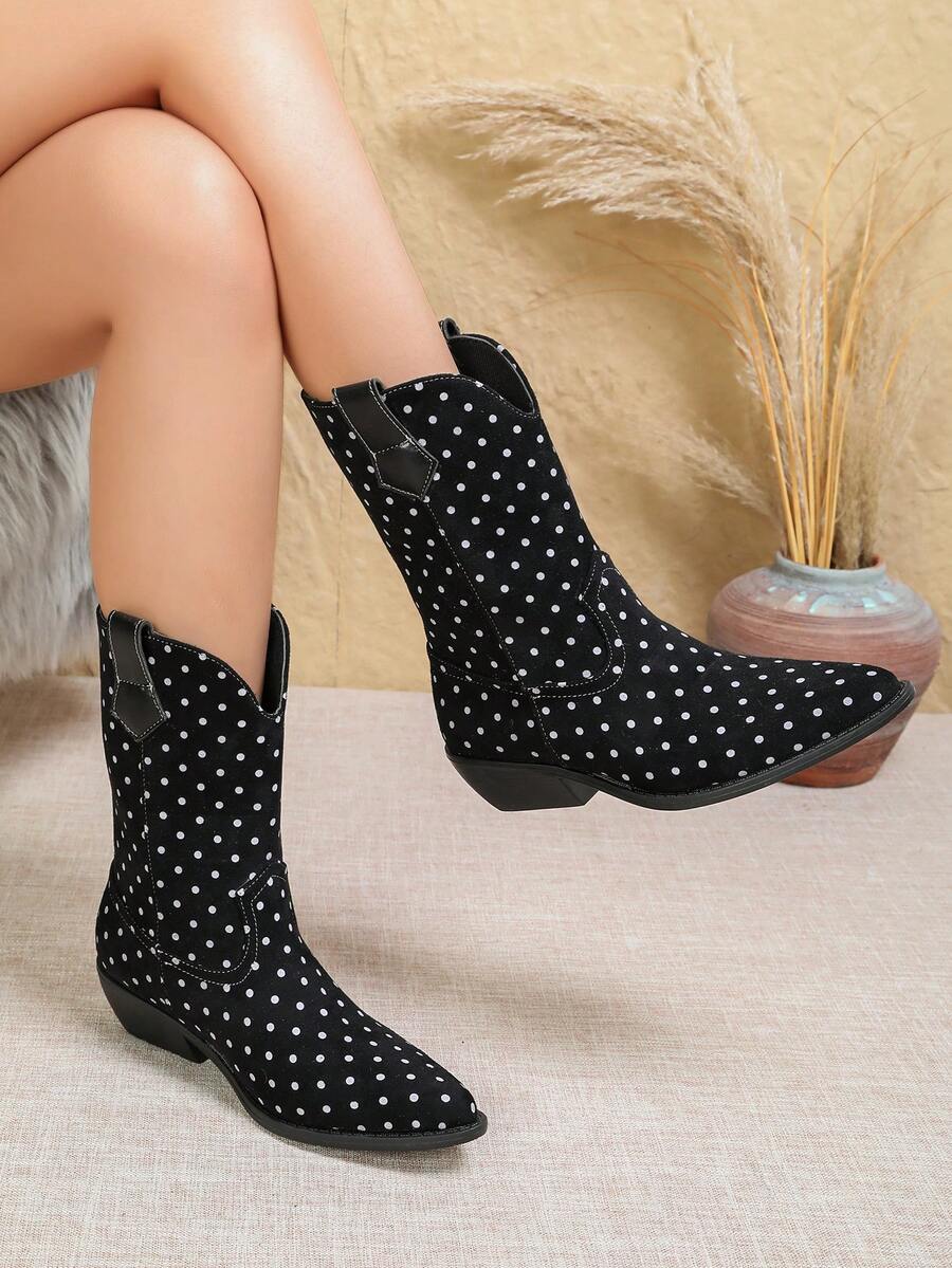Women's Pointed Toe Western Boots, Black White Polka Dot Mid Calf Fashion Design Chunky Heel Boots - Black - View 1