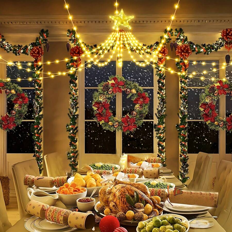 Solar LED Starburst Drop String Lights For Christmas Tree, Top Star Ornament Included, Solar Charged, Waterproof For Outdoor Yard And Indoor Holiday Tree Display
