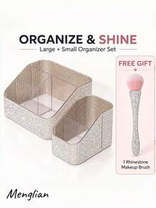 Rhinestone Makeup Organizer, Large & Small Sizes, Single Organizer Or Matching-Color 2pcs Set, Divided Makeup Brush Holder & Nail Art Tool Organizer, Beauty Tool Storage For Vanity, Sparkling Bedroom & Room Decor - Multicolor - View 10