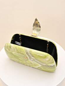1pc Luxury Green Marble Texture Box Clutch With Gold Leaf Decor Frame Hard Shell Evening Bag, Luxury Mini Shoulder Bag For Formal Dresses - Yellow - View 4