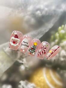 Cute Cartoon Christmas Nail Stickers 1Sheet, 3D Embossed Santa Candy Cane Xmas Tree Plaid Bow Snowflake Self-Adhesive Nail Decals, Easy Apply Winter Nail Art Decor - Multicolor - View 4