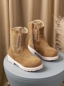 Girls' Vintage Playful Khaki Side Zipper Striped Embroidered Western Ankle Boots, Suitable For Holiday Outings And Autumn/Winter Outfits - Khaki - View 6