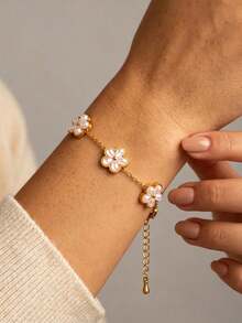 Gold Pink Pearl Clover Flower Chain Bracelet Stackable Dainty Stainless Steel Women Gift - Multicolor - View 4