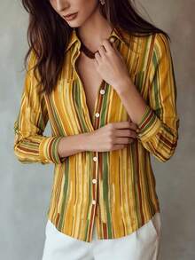 Women's Vintage Striped Button Shirt Collar Long Sleeve Top, Regular Fit Polyester Blouse, Creating A Retro Fashion Look - Yellow - View 5