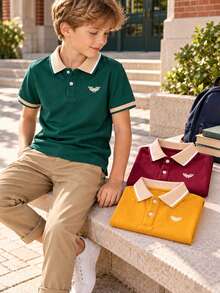 3pcs/Set Kids & Boys Fashion Casual Embroidered Colorblock Short Sleeve Polo Shirt - Multicolor - View 2
