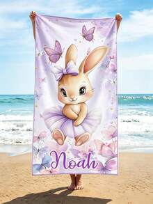 Custom Name Purple Ballerina Bunny Beach Towel, Soft Quick-Dry Single-Sided Towel, Violet Bow Heart Rabbit Pattern For Beach Pool, Girls Birthday Gift - Multicolor - View 4