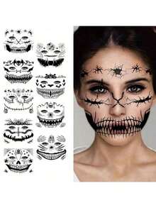 9sheets Waterproof Temporary Face Tattoo Stickers With Black Skull Designs. Realistic Skull Scar Patterns, Perfect For Holiday Witch Makeup, Halloween Party Decorations, Black Bat, Spider Web, Pumpkin, And Black Death Mask. - White - View 8