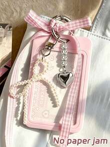 Cute Student Card Holder With Pearl And Bow Decoration; Id Card Case. Work ID Card Protector, With Plaid Bow, Pearl Heart Decoration, Detachable Sliding Card Holder, Fashionable Bag Charm, Exquisite Keychain, Suitable For ID Card, Meal Card, Bus Card, Business Card, Perfect Birthday Gift, Back To School Gift, Halloween And Christmas Gift - Multicolor - View 14