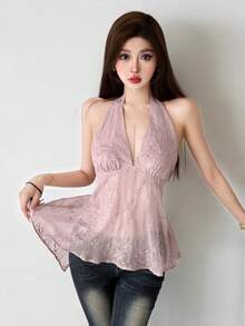 Top Dazzle Women's Semi-Sheer Halter Top With Backless Design And Asymmetrical Hem, Perfect For A Stylish And Alluring Look - Pink - View 1