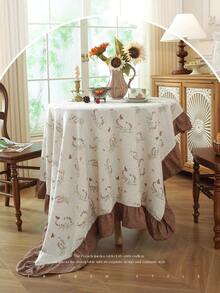 1pc Faux Linen Tablecloth With Scalloped Lace Trim, Polyester Fabric, Botanical Pattern, Rectangular/Square Tablecloth For Dining Room And Living Room Table Decor - Beige - View 9