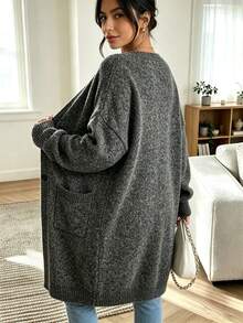Plus Size Casual Fashion Versatile V-Neck Button Pocket Long Sleeve Knit Long Cardigan - Dark Grey - View 4