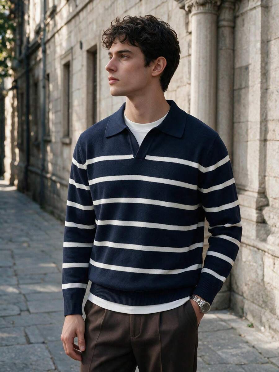 Men's Striped Knit Long Sleeve Polo Shirt, Casual Slim Fit Top Suitable For Business And Daily Wear - Navy Blue - View 1