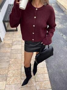 Knit Mix Women's Autumn/Winter Fashion Elegant Casual Home Basic Minimalist Loose Solid Color Knit Round Neck Long Sleeve Cardigan Sweater Top Fall - Red - View 3