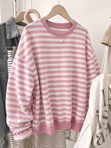 1pc Women's Pink & White Striped Loose Crew Neck Sweatshirt, Dropped Shoulder Lazy Top, Suitable For Home, Shopping, Daily Wear - Pink - View 3