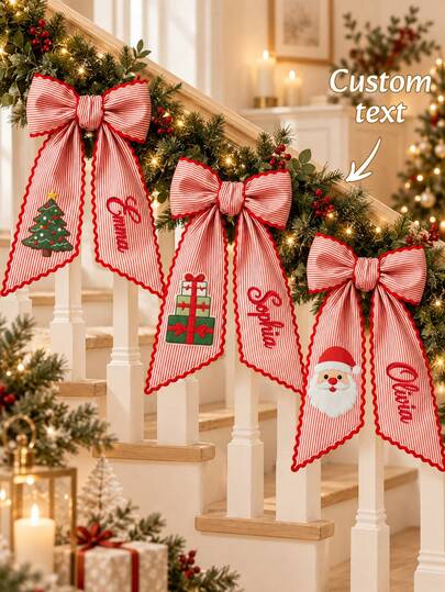 1 pieza Cinturón de corona navideña bordado personalizado con nombre, pajarita de corona con patrón de aplique festivo, con tela de rayas verticales y ribete ondulado, 3 colores disponibles, adecuado para regalos de Navidad, decoración de entrada de puerta principal para familiares y amigos