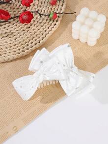 1pc French Style Gentle Multiple Bow Ponytail Clip, Star & Polka Dot Fabric Large Hair Clip, Simple Versatile Hair Accessory For Daily Wear And Outings - White - View 2