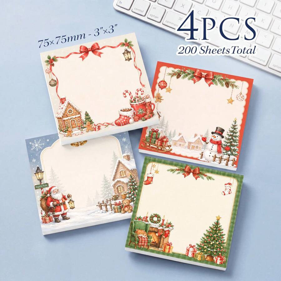 Set 4 Buah Kertas Tempel Natal untuk Catatan, Pengingat, dan Jurnal - Total 200 Lembar dengan Motif Pita, Manusia Salju, Santa Claus, Pondok Salju, dan Pohon Natal - Bantalan Memo Persegi untuk Perencana, Buku Harian, Hadiah Liburan (200 Lembar) - A - View 1