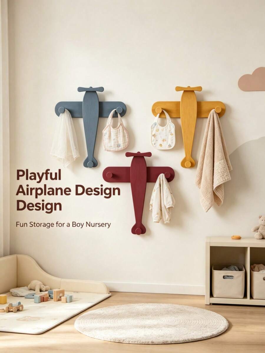 1/3pcs Airplane Shaped Wooden Wall Hooks, Baby Room Wall Hanging Hooks ...