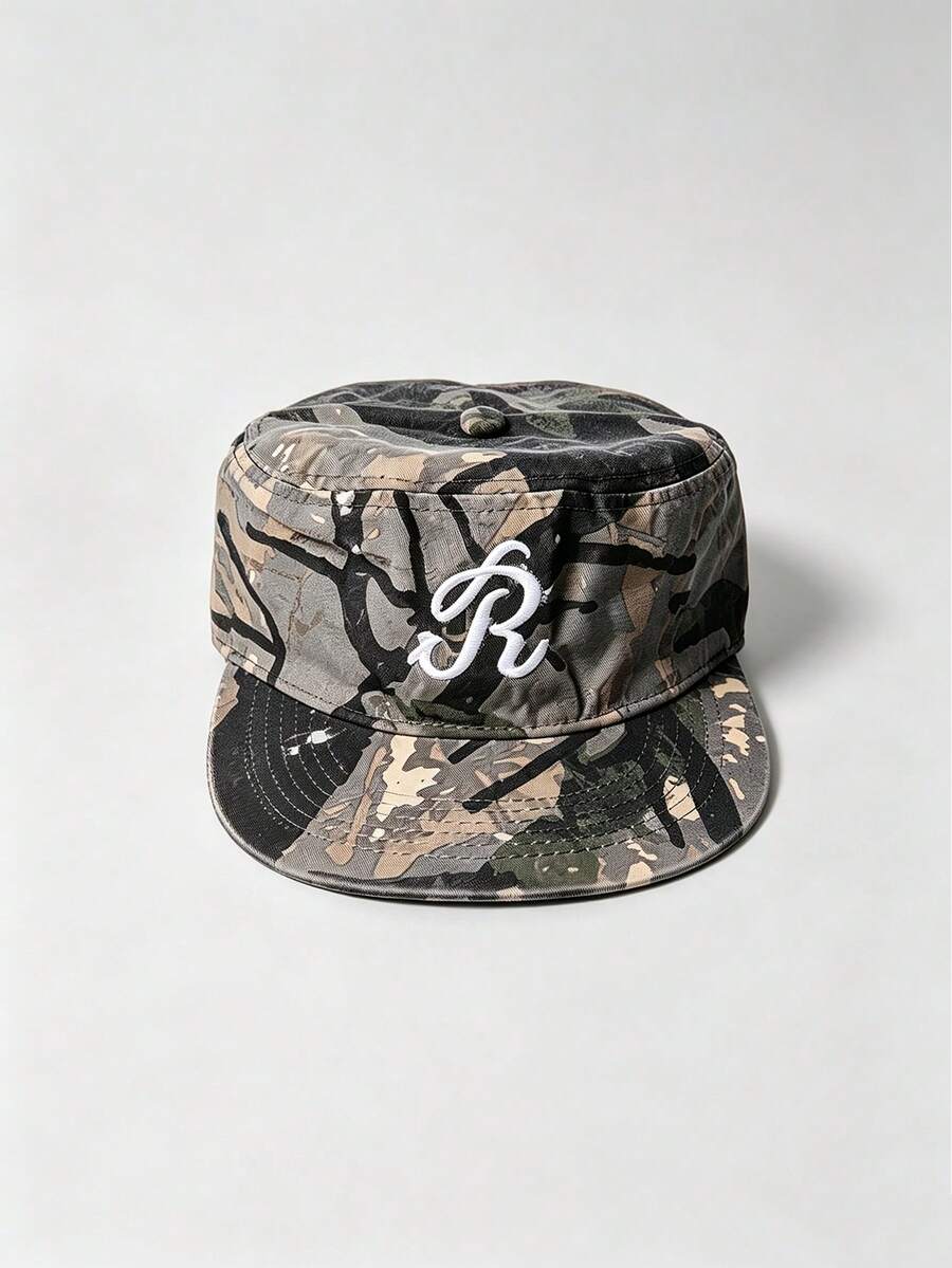 1pc Men Camo R Letter Embroidery Flat Top Cap, Adjustable Casual Street Hip Hop Flat Brim Hat For Outdoor Travel Daily Wear