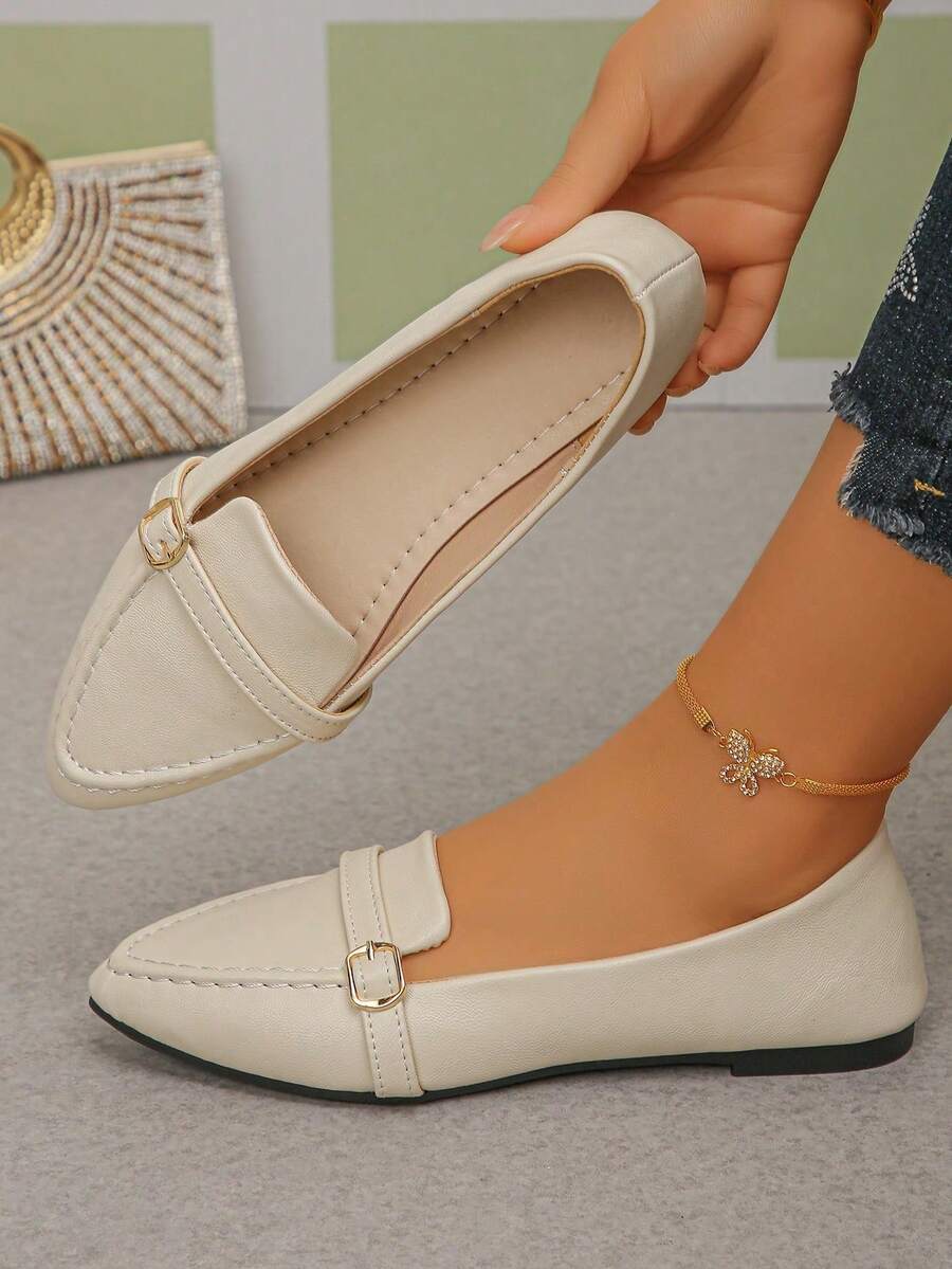 Women's Elegant Pointed Toe Slip-On Beige Shoes, Commuter Style Spring/Autumn New Office Wear Navy Loafers, Versatile Flat Shoes