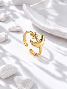 Cincin Terbuka Emas dengan Motif Bulan & Bintang Terhubung, Cincin Terbuka Wanita dengan Desain Bintang & Bulan yang Dapat Dipersonalisasi, Cincin yang Dapat Diatur, Aksesori untuk Perjalanan Sehari-hari, Kencan, dan Pesta. - Emas - View 3
