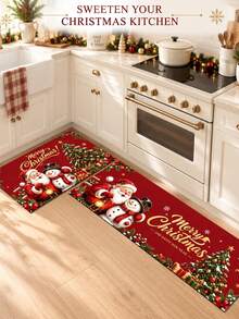 1/2pcs Christmas Kitchen Decor Rug, Santa Claus Pattern Design, Winter Kitchen Rug And Mat, Non-Slip Washable Absorbent Kitchen Accessories Decor Mat, Christmas Holiday Gift! - Multicolor - View 2