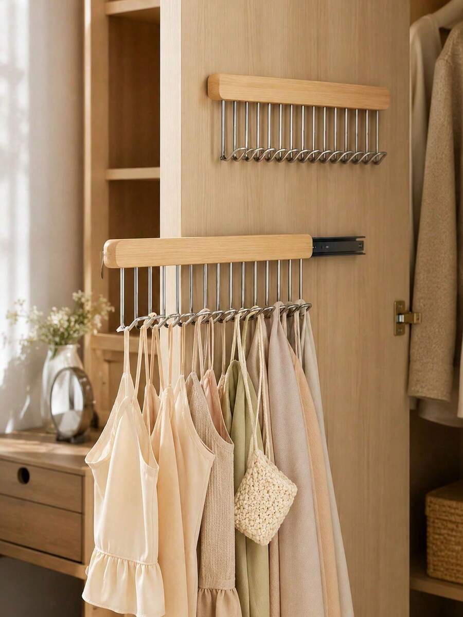 1pc Pull-Out Sliding Hanger, Suitable For Wardrobe, Belt, Tie, Vest, Scarf And Jewelry. Left Side Rail Can Be Extended To Save Wardrobe, Closet Organization And Storage Space, Suitable For Jewelry Storage.