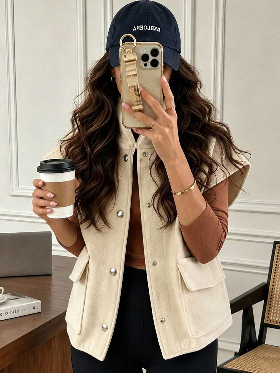 Áo vest nữ thời trang mới phong cách tối giản casual dáng rộng với túi lớn - Màu be - Xem 1