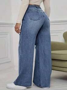 Plus Size Y2K Distressed Mom Fit Jeans For Women Extra Long Woven Non-Stretch Denim With Pockets, Vintage Grunge Style - Blue - View 4