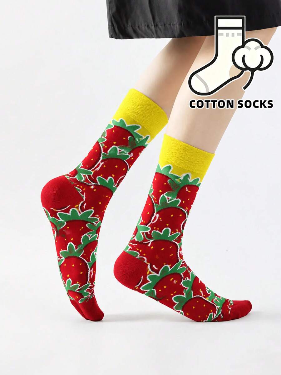 1 Pair Funny Strawberry Fruit Print Unisex Cotton Socks, Couple Daily Wear Socks - Multicolor - View 1