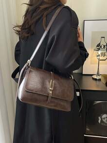 Fashion Casual Solid Color Square Flap Bag, No Pendant, Suitable For College Students/Women - Coffee Brown - View 5