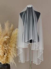 Handmade Beaded Wavy Lace Double Layer Veil, Simple Ethereal Bridal Wedding Styling Veil - Multicolor - View 9
