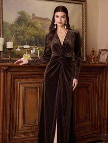 Women's Charming Brown Knitted Long Sleeve Cocktail Dress, Overlap Collar Twisted Front High Slit, Elegant Formal Gown - Coffee Brown - View 7